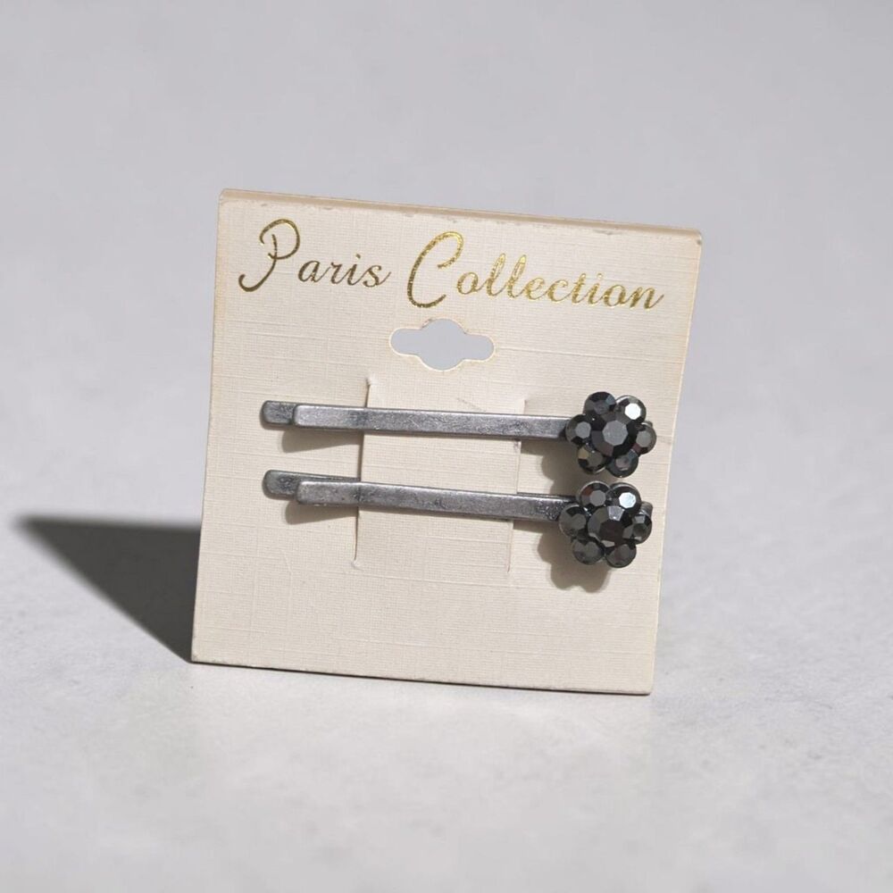 Paris Collection Black Rhinestone Flower Bobby Pin Set, Gunmetal Hair Clips